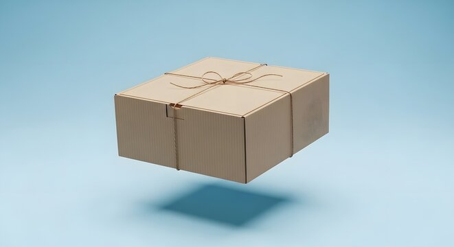 Floating cardboard box with twine, brown paper parcel, levitating delivery package on blue background