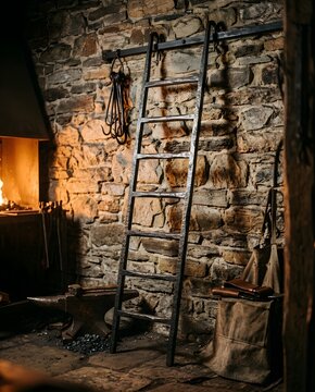 Hand Forged Blackened Steel Ladder Against Raw Fieldstone Wall Glows with Artisan Forge Warmth