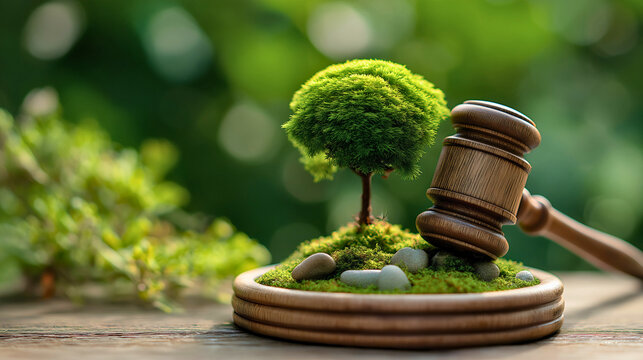 Small green tree growing on moss and stones next to a wooden gavel, symbol of environmental law, justice and nature protection, blurred forest bokeh background
