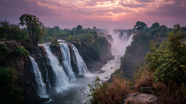 A view of the Livingstone Falls in the Republic of the Congo. A background illustration of a waterfall in the Republic of the Congo.