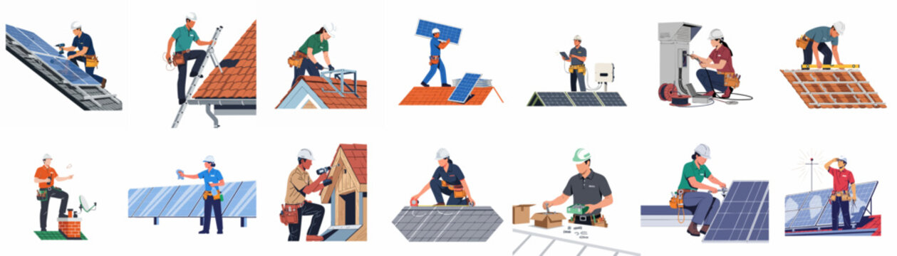 Set of professional technicians and roofers performing solar panel installation, maintenance, and cleaning services for sustainable residential energy systems.