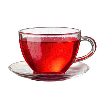 Vibrant ruby red herbal hibiscus tea in a transparent glass cup with saucer, steaming hot berry infusion for wellness and relaxation, isolated on white background