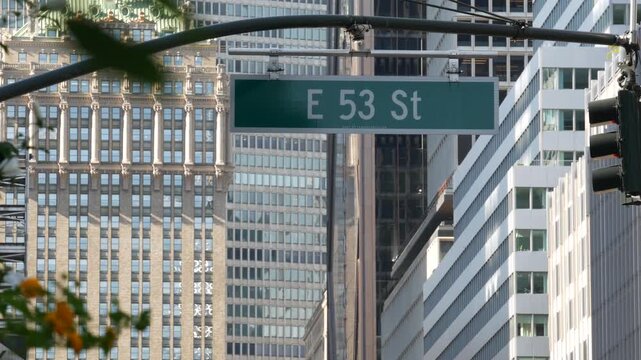 New York City Park Avenue, 53 street sign in Manhattan Midtown, United States. American urban road sign, traffic sign in NYC, USA. Building architecture near Grand Central. Central business district.