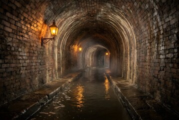 Naklejka premium Arched Victorian Brick Drain Channel Glows with Amber Lantern Light Over Slow Dark Water