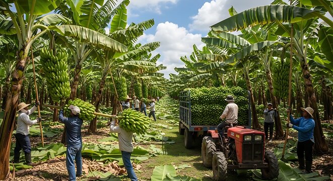 Workers harvesting bananas on a farm with a tractor in a tropical landscape