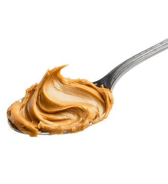 A macro close-up of a silver spoon scooping a thick dollop of creamy, smooth peanut butter, featuring a gooey golden-brown texture and roasted nut detail isolated on a white background