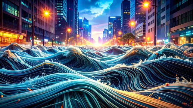 City flooded with stylized ocean waves beneath a dramatic sky at sunset