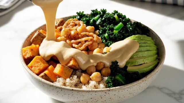 Healthy quinoa bowl with roasted sweet potato, kale, avocado
