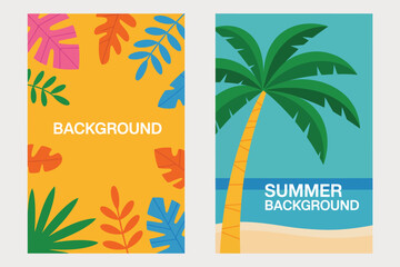 Fototapeta premium Flat minimalist summer backgrounds with palm leaves and flowers