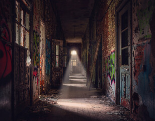 Fototapeta premium Abandoned Corridor Urban Exploration Dark Cinematic Post Apocalyptic Background