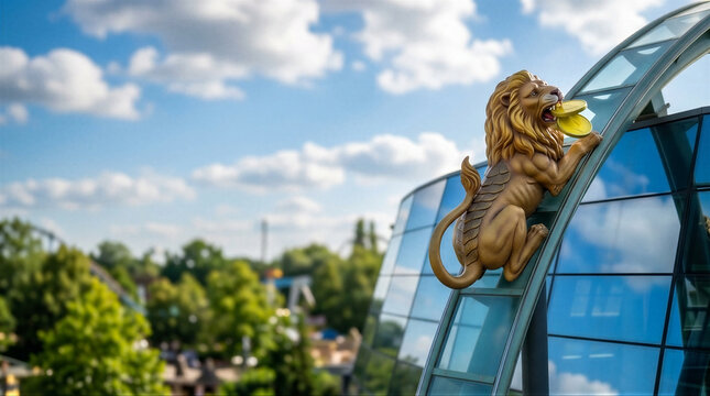 a close up of a statue of a lion on the side of a building