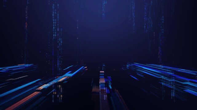 Abstract visualization of artificial intelligence machine learning and digital data streams. Glowing blue light rays symbolize neural networks, deep learning, and advanced cloud computing systems.