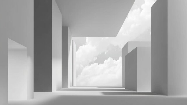 An open white window frame set against a bright blue sky with fluffy clouds offers a minimalist 3d interior view of freedom and light from inside a modern home