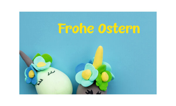 Cheerful Easter greeting featuring &ldquo;Frohe Ostern&rdquo; text with cute decorative elements like bunny and flowers on a soft blue background. Playful and colorful design perfect for greeting cards.