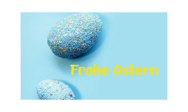 Festive Easter greeting featuring a colorful decorated egg on a soft blue background with &ldquo;Frohe Ostern&rdquo; text (German for Happy Easter). Clean and cheerful composition perfect for holiday cards.