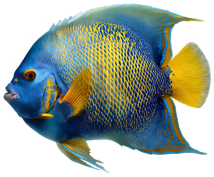Vibrant blue and yellow Queen Angelfish swimming, tropical marine saltwater fish with exotic patterns, 3d rendering of a colorful reef animal isolated on white background