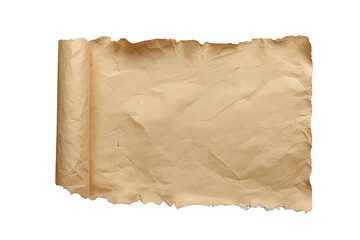 Fototapeta premium Old scroll sheet unrolling, showing antique parchment texture with wrinkled surface and rough, torn edges on a transparent background