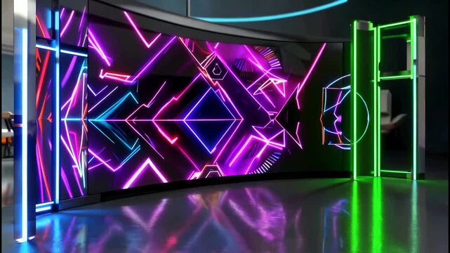 Neon lights illuminate a dark room with geometric patterns on walls and floor with PRO_1 reference
