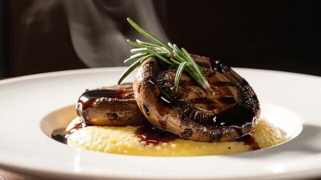 Hot grilled Portobello mushrooms with rosemary and sauce on polenta