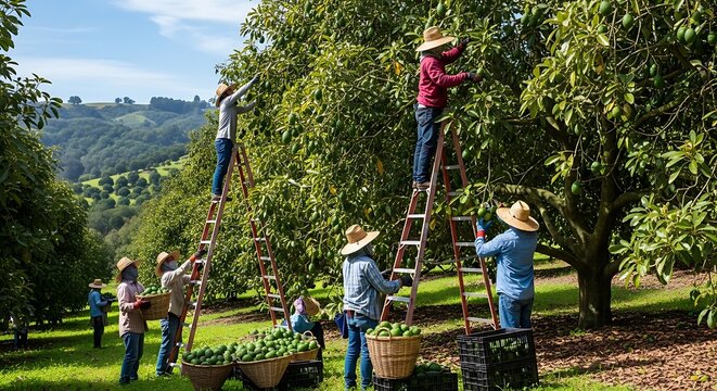 People harvesting fruits from trees in an orchard with ladders and baskets on a sunny day