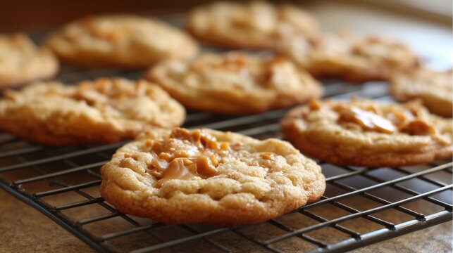 Homemade chewy butter toffee cookies on a wire cooling rack.