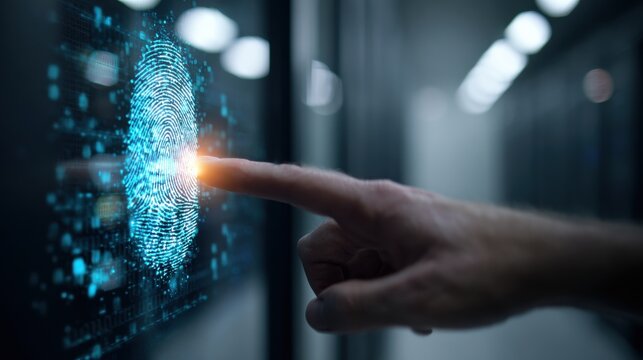 Fingerprint Touch: Capturing a person interacting with digital technology through the touch of a fingertip, unlocking access with a scan of their unique biological identifier.