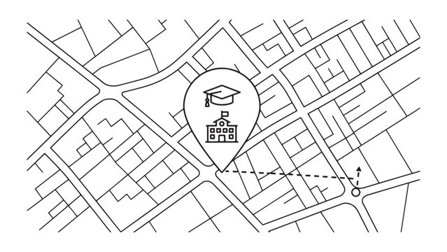 Line art map showing a school location with a graduation cap pin and a navigation route, symbolizing an educational journey.