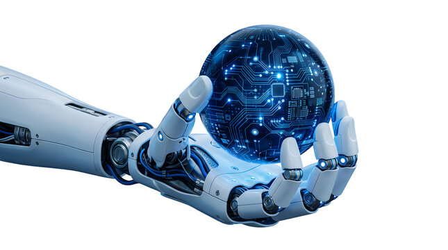 Robot hand holding blue circuit board globe with glowing connections  futuristic technology concept transparent background