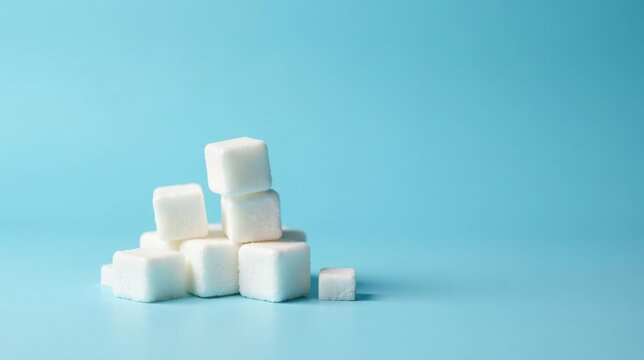 A cluster of refined sugar cubes rests on a pale blue background, a single cube sits apart, symbolizing sweetness and potential health concerns.