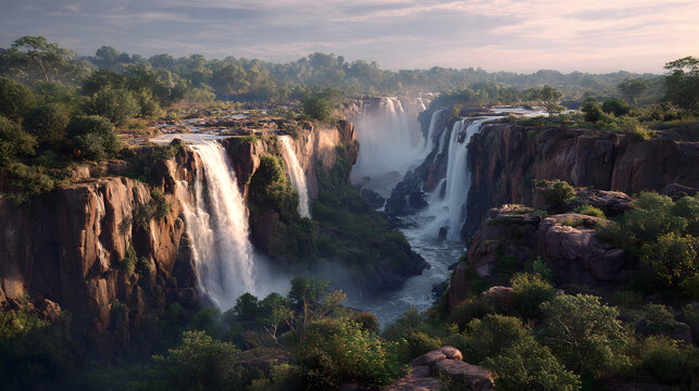 View of Kalandula waterfall in Angola. Background illustration of historical sites in Angola.
