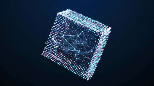 Abstract Digital Cube with Connected Data Network Rotating in Dark Space
