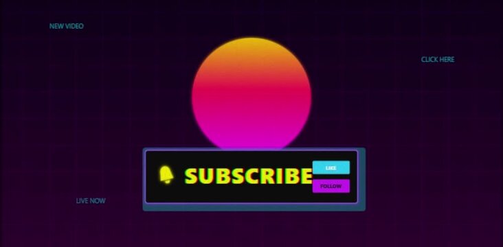 Retro synthwave social media subscribe button animation with neon sunset and dark purple grid background