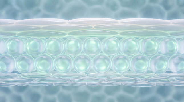 Cellular hydration concept with translucent layers and glowing spheres, representing moisture absorption and healthy skin barrier in scientific, abstract style
