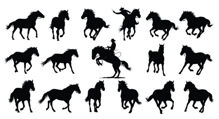 Fototapeta premium Various silhouettes of galloping horses and cowboys presented as a high quality black vector graphic illustration