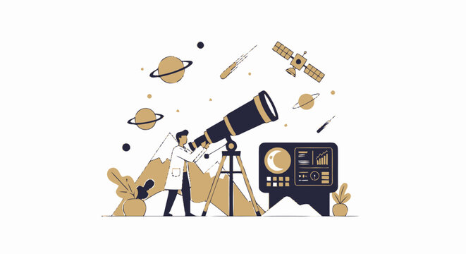 Astronomer Observing Celestial Bodies Through a Powerful Telescope.
