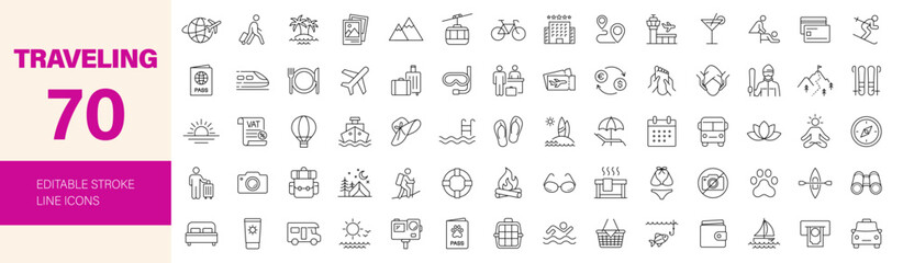 Obraz na płótnie Canvas Traveling icon set. Editable line icons. Vector illustration.