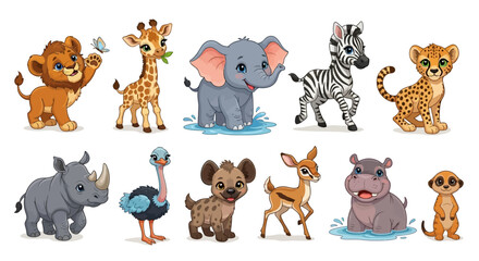 Obraz premium Collection of cute cartoon wild animal characters including lion elephant and zebra