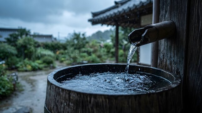 Traditional Japanese Bamboo Water Fountain in Rainy Garden