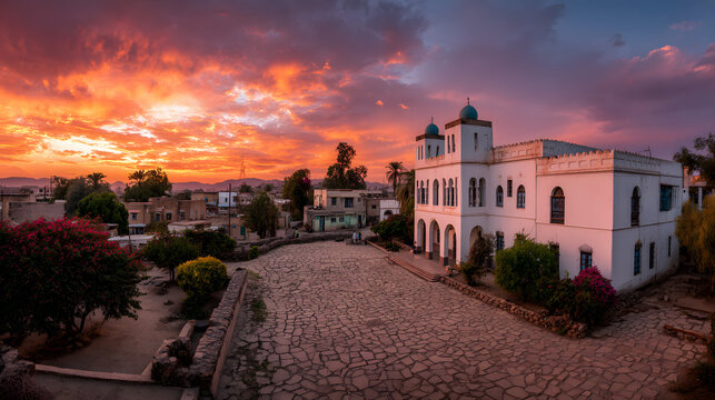 View of the Grand Mosque of Asmara, the capital of Eritrea. Background illustration of historical sites in Eritrea.