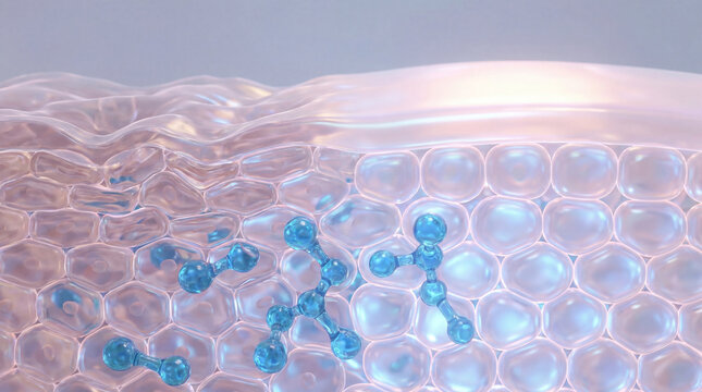 Cross section of hydrated skin layer with glowing effect, showing blue molecules penetrating and plumping skin cells, representing moisture absorption and skin glow effect