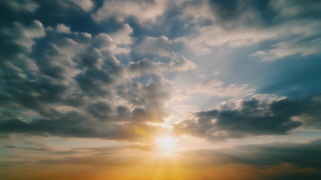 Dramatic sunbeams pierce through a cloudy sky at sunset.