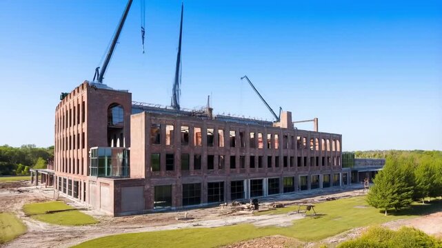 A creative reuse timelapse of an abandoned factory transforming into modern lofts. Old brick walls blend with glass additions, showcasing industrial heritage meeting contemporary living