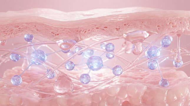Skin hydration layers with glowing molecules, collagen fibers, and moisture droplets, illustrating healthy, hydrated skin structure and elasticity in soft pink background
