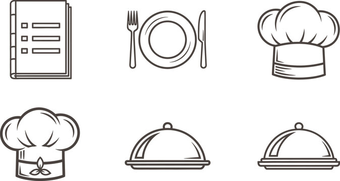 A set of six black and white chef hat and food icons