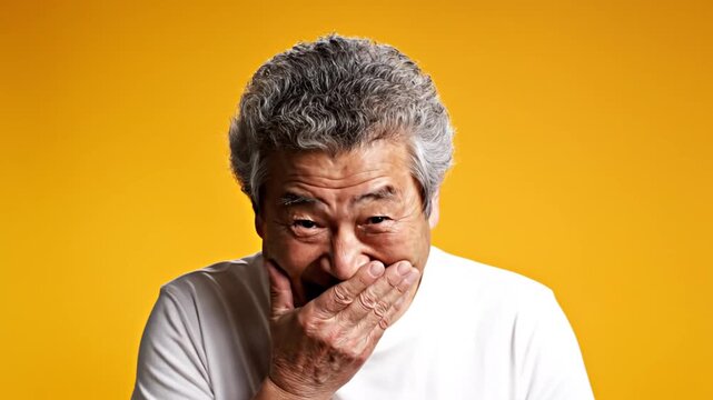 Surprised senior Asian man covers mouth on orange background