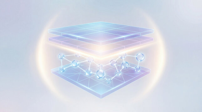 Skin hydration layers glowing molecules transparent structure blue light scientific illustration moisture barrier skincare concept futuristic healthy skin abstract background luminous dermatology