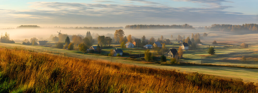 Panoramic view of a serene rural landscape at dawn featuring rolling terrain with lush green oat fields bathed in golden morning light under a soft hazy sky during sunrise.