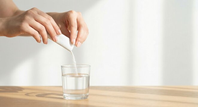 Person pouring powder supplement into glass of water