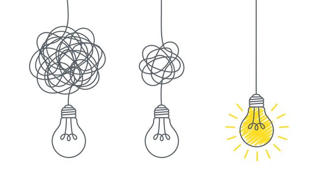 Illustration of three light bulbs transitioning from messy tangled lines to a bright glowing lamp, representing simplified complex thinking and symbolizing innovative solution discovery