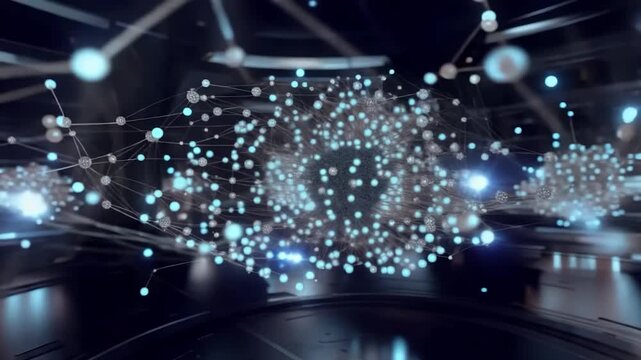 Modern luminous data network. Dynamic constellation of light beams within sleek technological chamber. Advanced glowing data web interconnected through fine lines in high tech environment